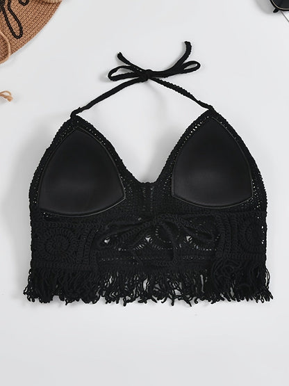 Women's Boho Crochet Bralette Halter Top with Fringe – Festival & Summer Beachwear