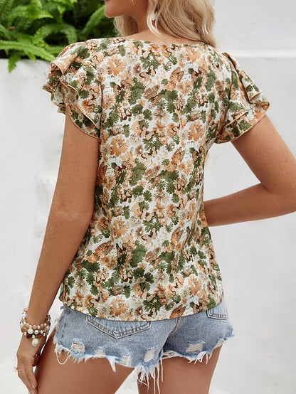 Women's Elegant Blouse with Floral Pattern and Ruffled Sleeves – Summer Casual Top