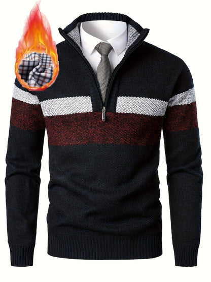 Men's knitted sweater with a stand-up collar and zipper, striped, softly lined inside