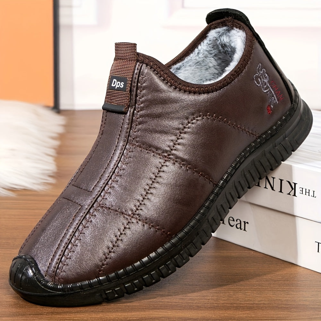Men's lined black quilted winter slip-on shoes