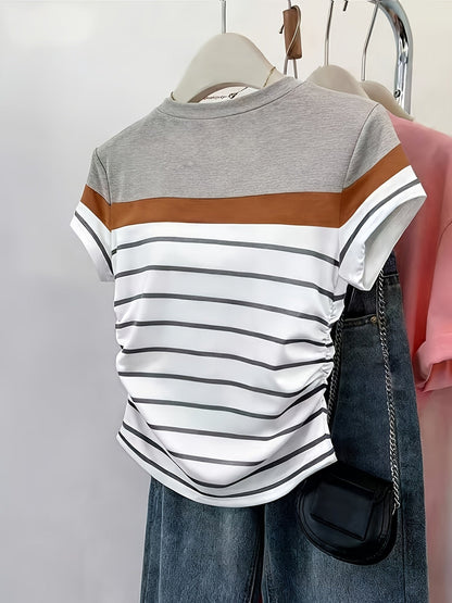 Women's striped T-shirt with ruching – Elegant casual style for summer