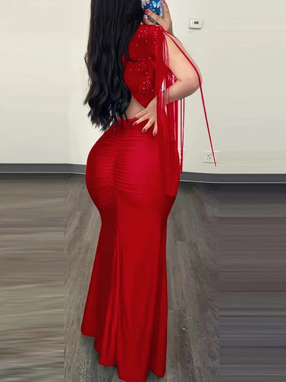 Women's Elegant Evening Dress with Fringe and Slit – Bodycon Maxi Dress for Formal Occasions