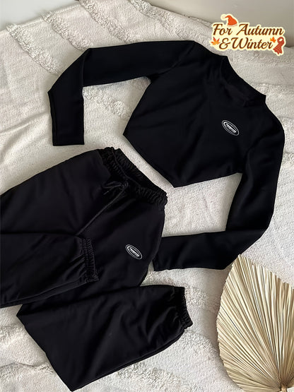 Damen Zweiteiler Crop Top Langarm & Jogginghose Schwarz