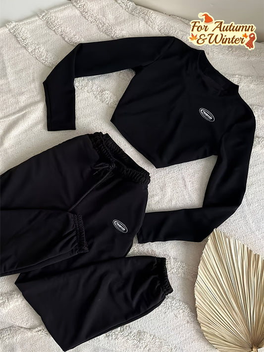Women's Two-Piece Crop Top Long Sleeve & Jogger Pants Black