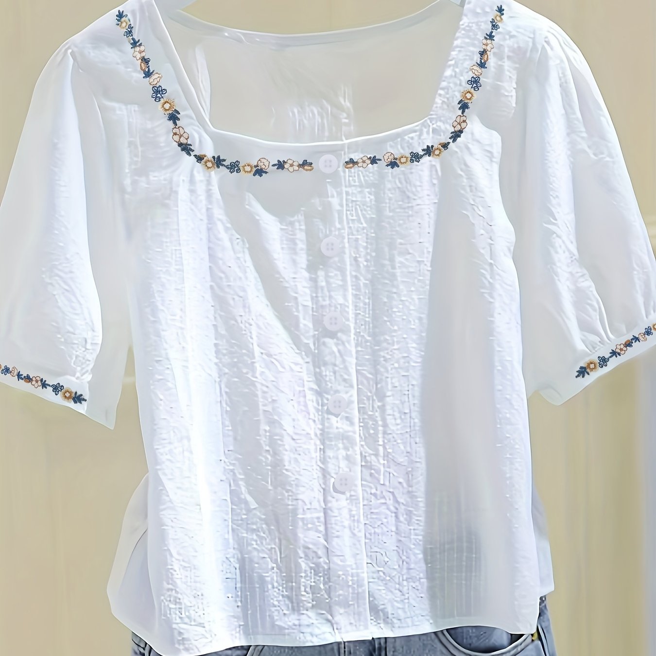 Women's Blouse with Embroidery and Square Neckline – Elegant Spring and Summer Style