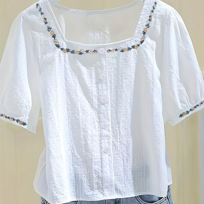 Women's Blouse with Embroidery and Square Neckline – Elegant Spring and Summer Style