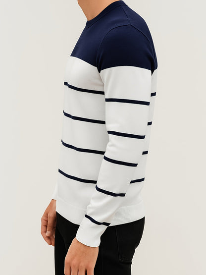 Men's striped crew-neck long-sleeve sweater, green and white