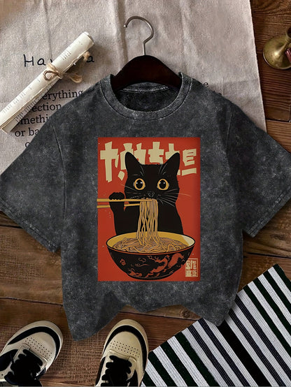 Women's Vintage T-Shirt with Cat and Ramen Print – Funny Graphic Shirt for Casual and Streetwear