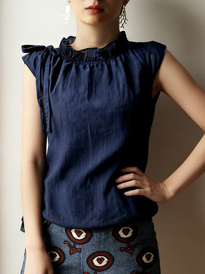 Damen ärmellose Bluse mit Rüschenkragen und Schleifendetail – Modische Büro- und Freizeitbluse