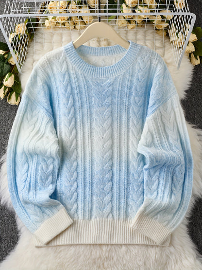 Damen Grobstrick Pullover Hellblau Weiß Zopfmuster Rundhals Weich