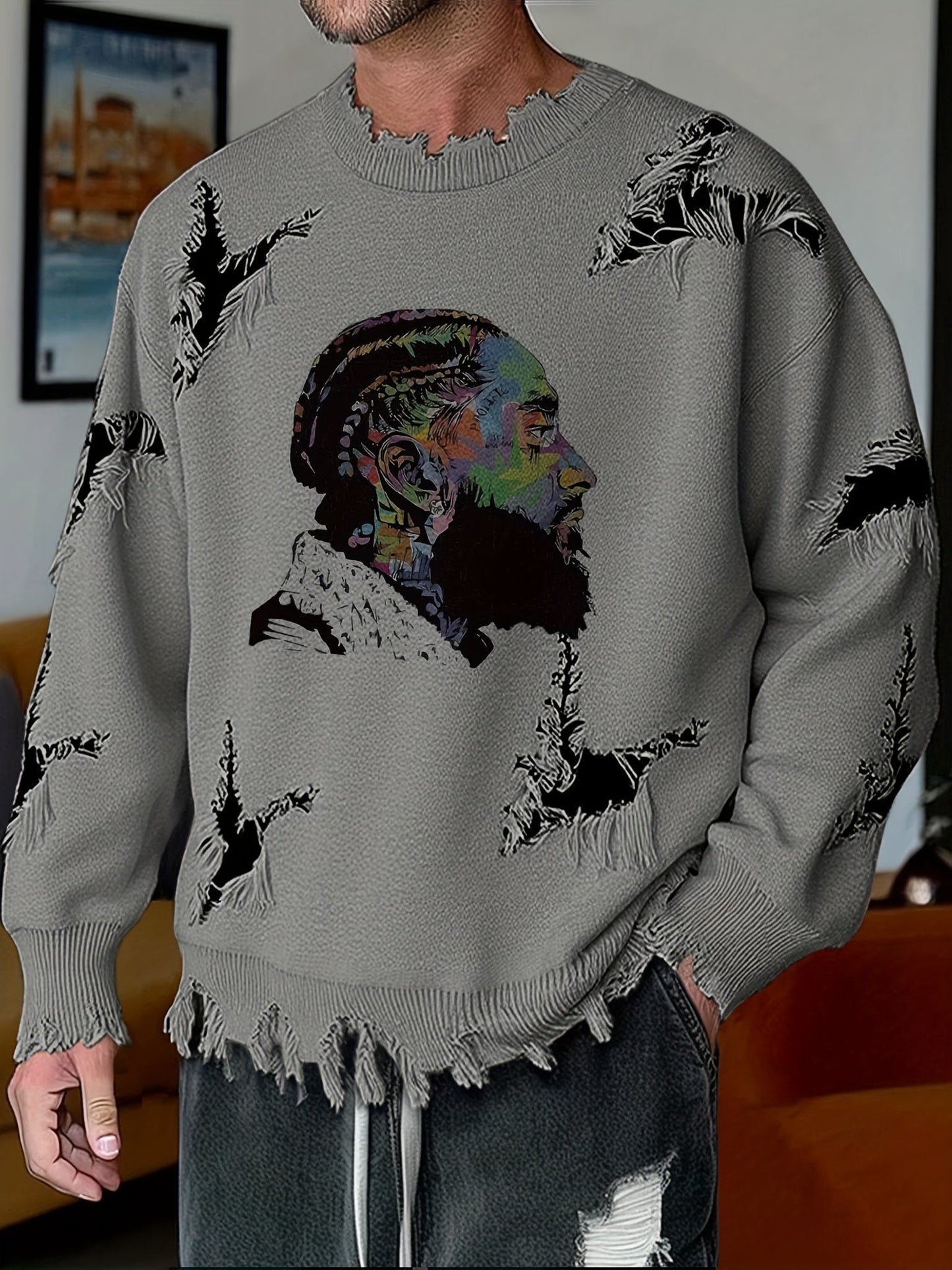 Men's chunky-knit crew-neck sweater with colorful portrait print and distressed details