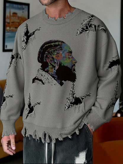 Men's chunky-knit crew-neck sweater with colorful portrait print and distressed details