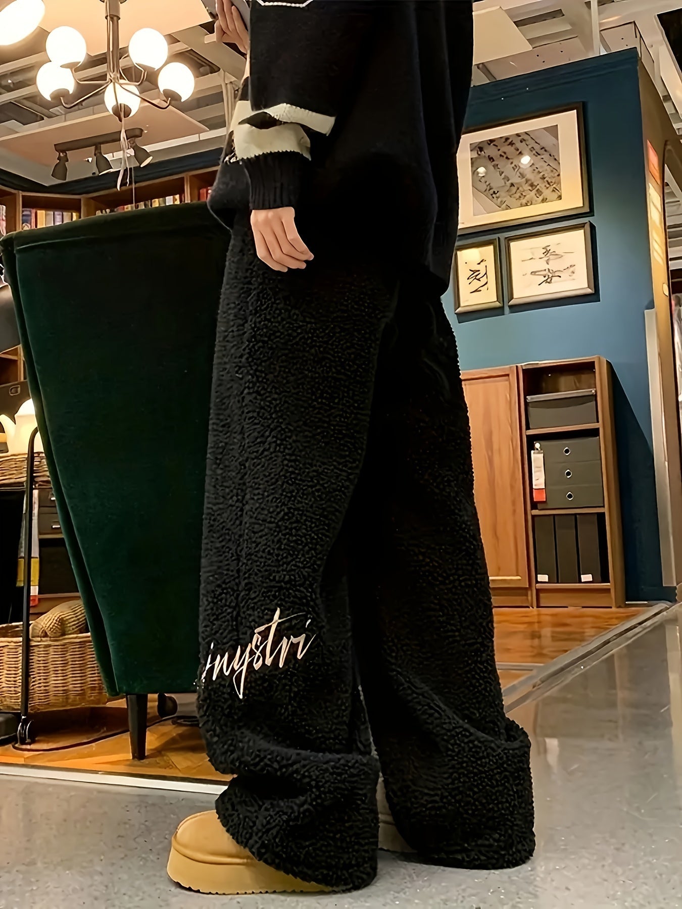 Wide Teddy Fleece Pants Unisex Plush Sweatpants Dark Gray