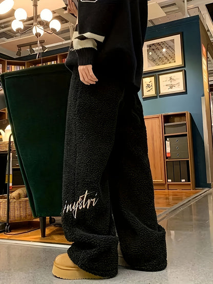 Wide Teddy Fleece Pants Unisex Plush Sweatpants Dark Gray