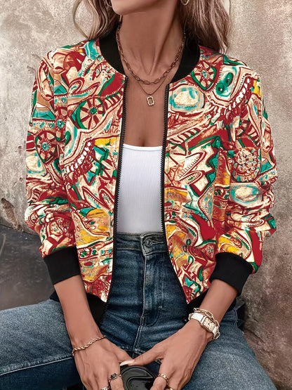 Women's bomber jacket with cartoon print for leisure and vacation