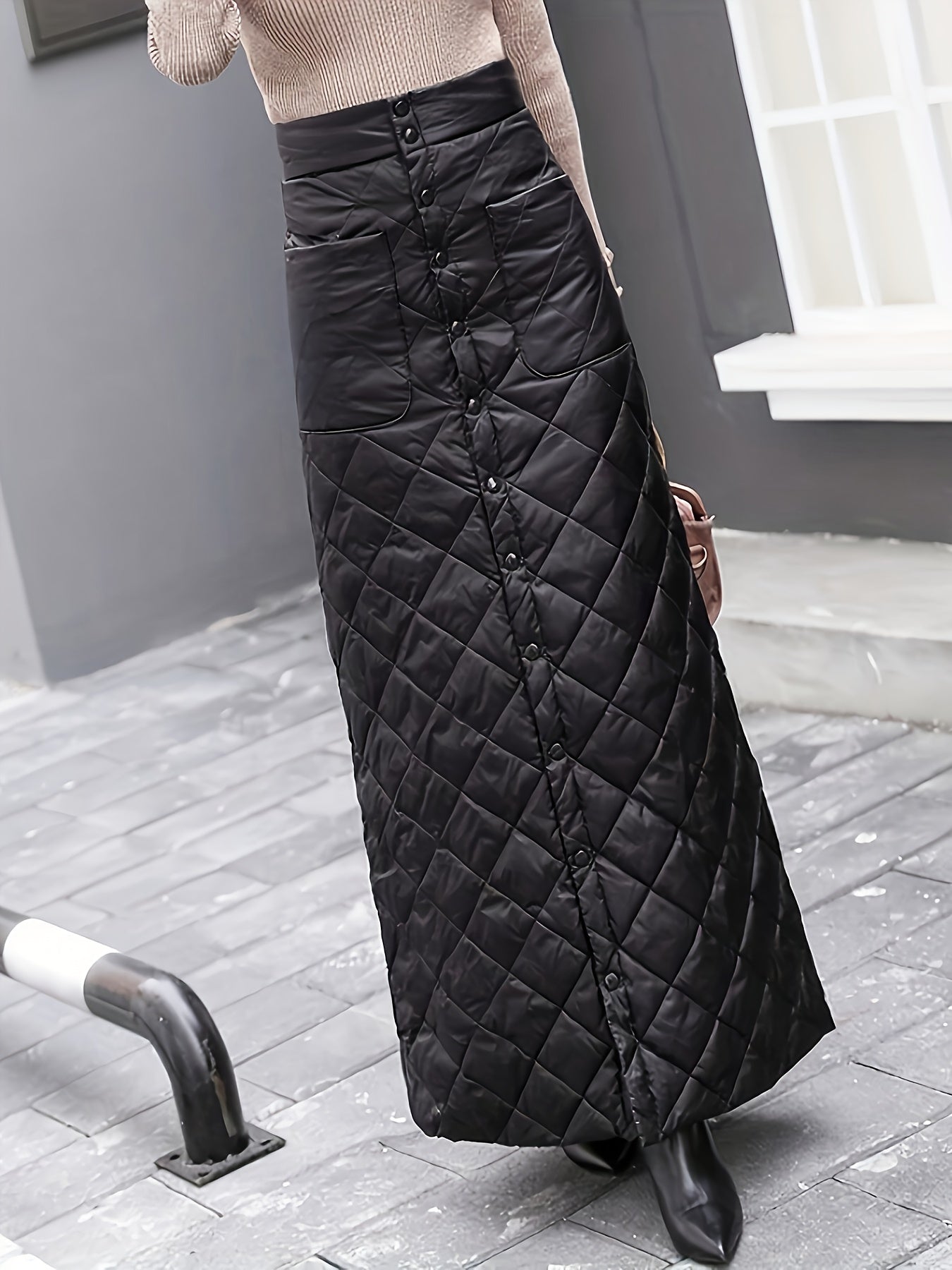 Stepprock Lang Damen Schwarz Gesteppt Knöpfe Taschen Hohe Taille