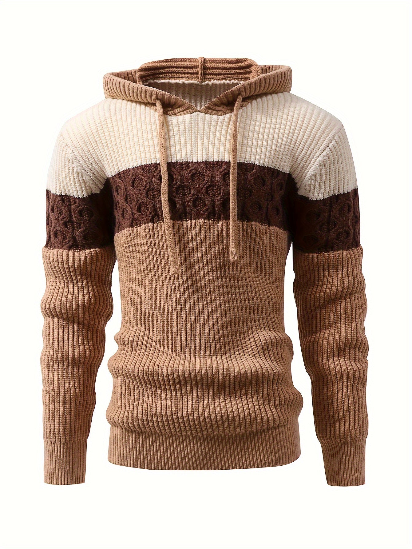 Herren Hoodie Pullover mit Kapuze Blockstreifen Gerippt Braun Beige