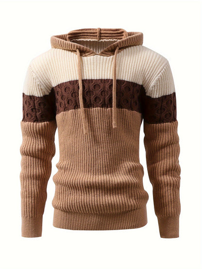 Herren Hoodie Pullover mit Kapuze Blockstreifen Gerippt Braun Beige