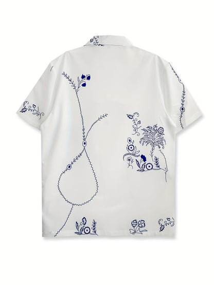 Men's Short-Sleeve Resort Shirt with Artistic Embroidery and Modern Floral Pattern – Stylish for Summer and Vacation