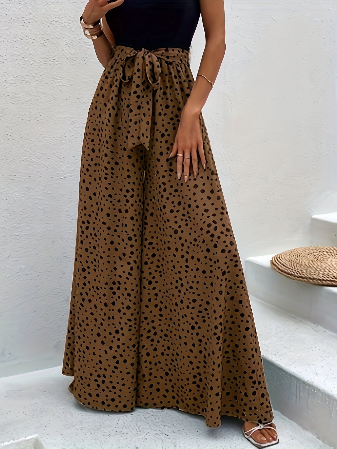 Women's Wide Palazzo Pants with Dots and Tie Belt – Elegant Spring and Summer Style