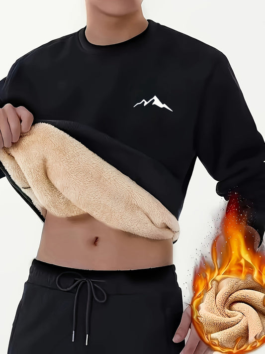 Herren Langarmshirt mit Bergmotiv, warm gefüttert, Rundhals, flauschige Innenseite