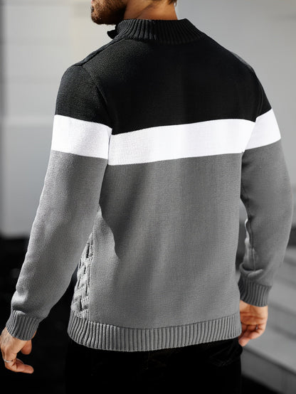 Herren Grobstrick Pullover mit Stehkragen & Knopfleiste, Farbblock-Design, Langarm