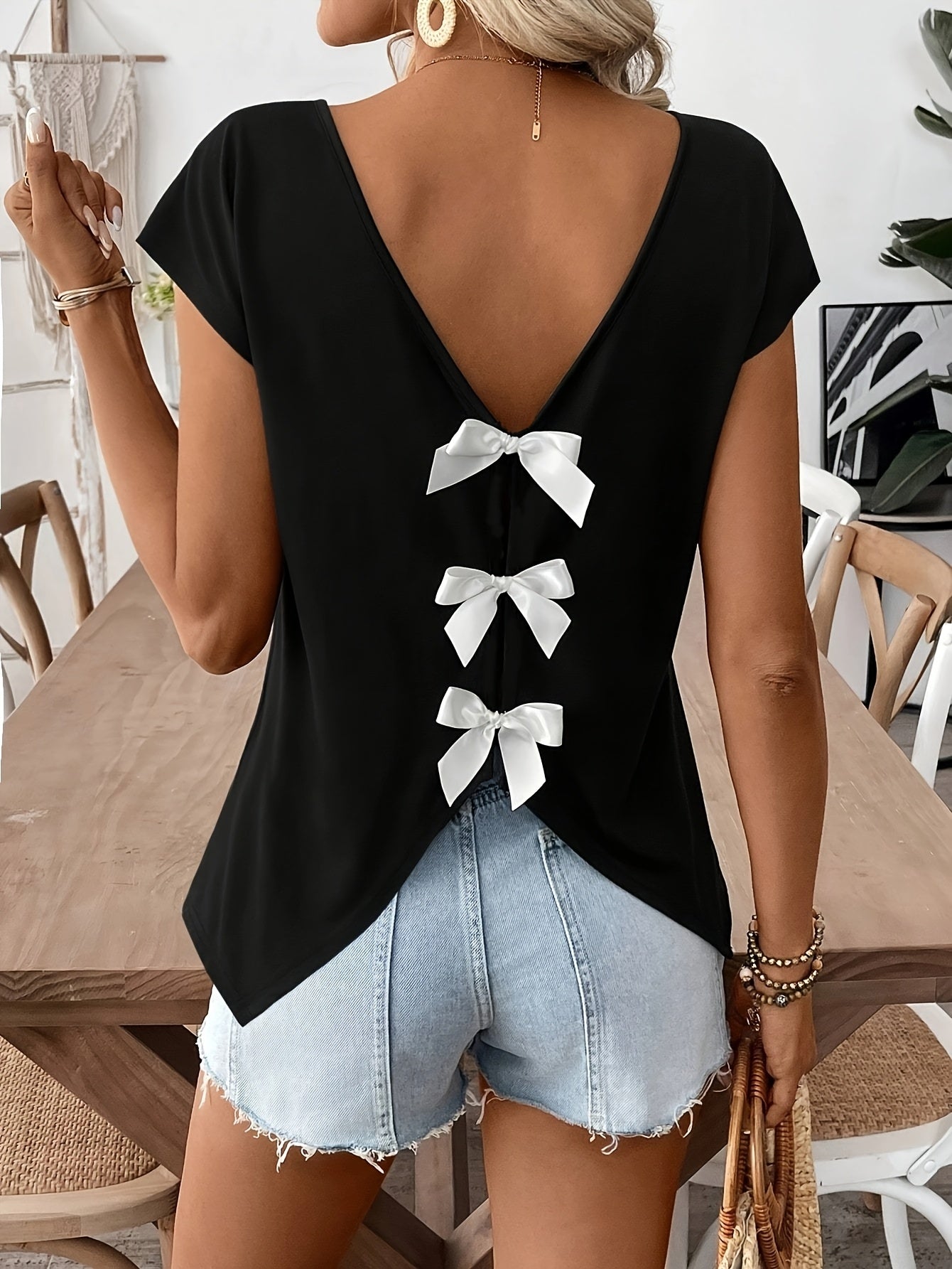 Women's Shirt with Back Cutout and Bows – Fashionable Casual Top for Spring & Summer