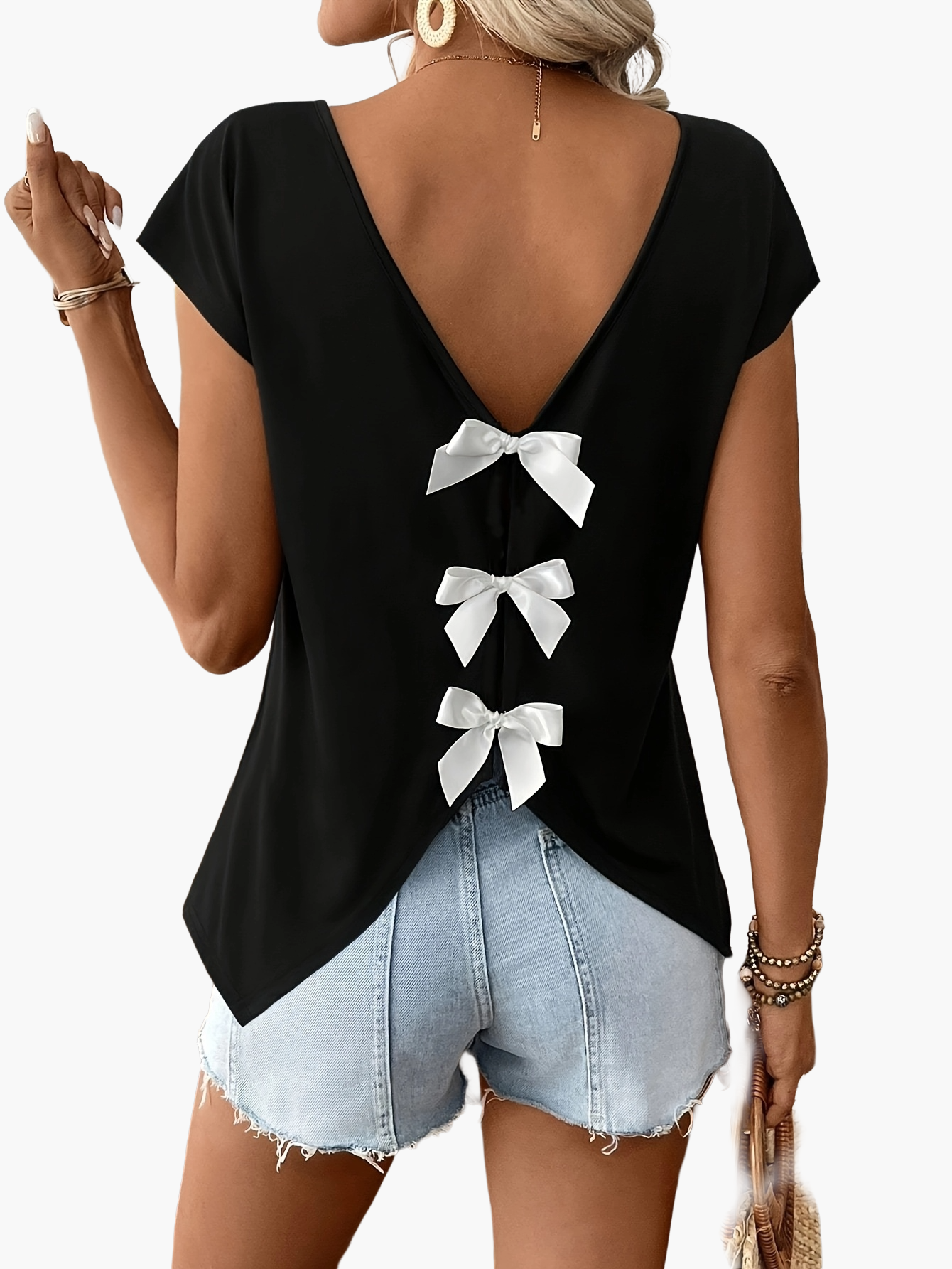 Women's Shirt with Back Cutout and Bows – Fashionable Casual Top for Spring & Summer