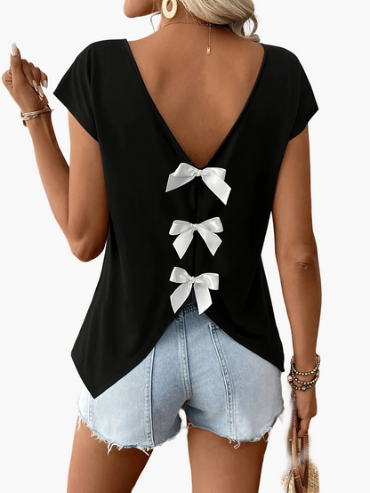 Women's Shirt with Back Cutout and Bows – Fashionable Casual Top for Spring & Summer