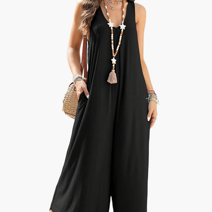 Women's Loose Jumpsuit with V-Neck and Pockets – Elegant Summer Romper for Leisure and Vacation