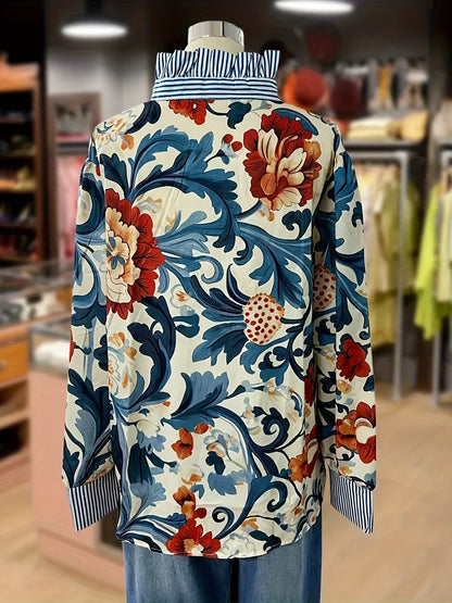 Women's blouse with a floral pattern, striped collar and cuffs, long sleeves