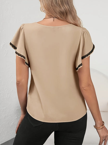 Damen V-Ausschnitt Bluse mit Volantärmeln und Spitzenbesatz – Elegante Alltags- & Bürobluse