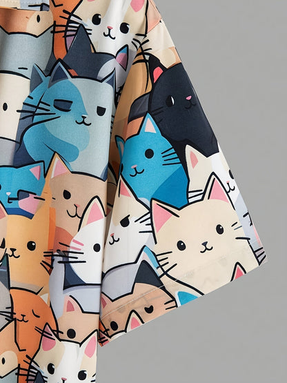 Herren Kurzarm Freizeithemd mit buntem Katzen-Comic-Muster – Verspieltes Sommerhemd für Alltag und Urlaub
