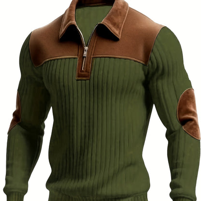 Herren Rippstrick Pullover mit Reißverschlusskragen und Kontrastdetails