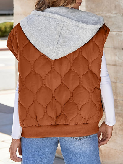 Women's quilted vest with hood in rust brown
