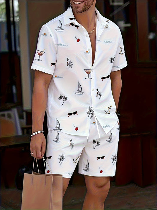 Men's Summer Casual Set with Maritime Print – Short-Sleeve Shirt and Shorts, Ideal for Beach and Vacation