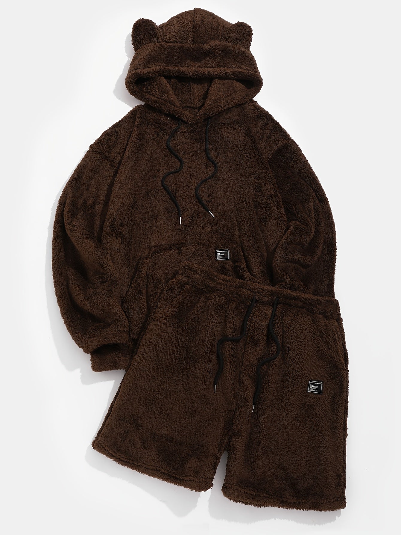 Plush hoodie and shorts set with bear ears, brown, cozy 2-piece outfit
