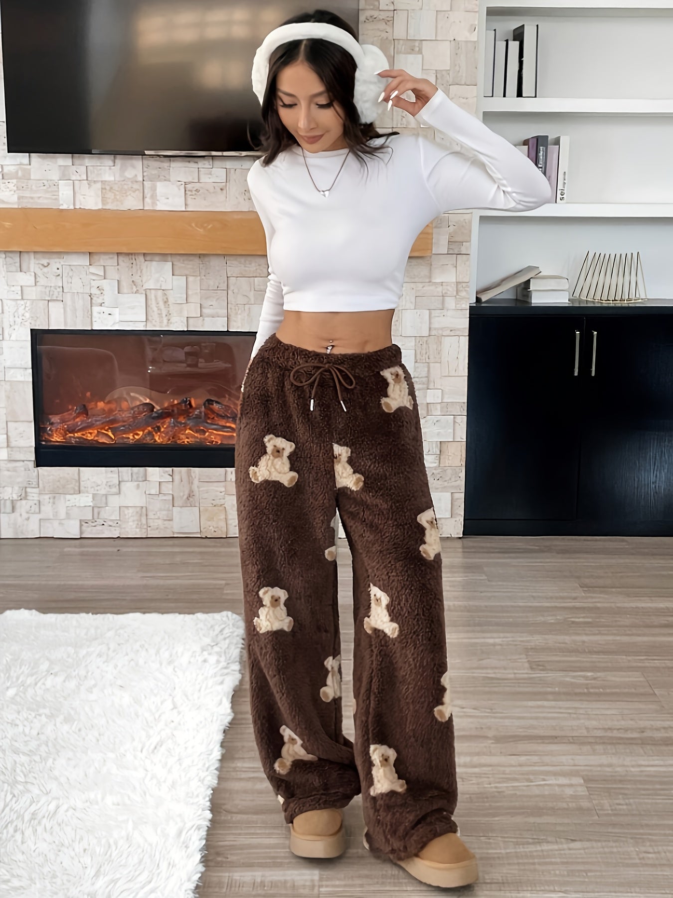 Plush pants, brown teddy bear pattern, wide leg