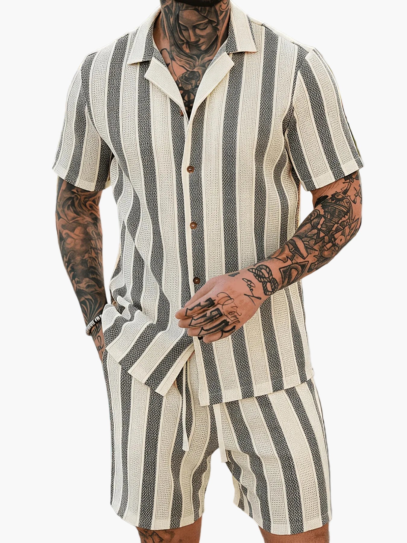 Men's Summer Set – Striped Casual Outfit with Short-Sleeve Shirt and Shorts, Ideal for Vacation & Everyday Wear
