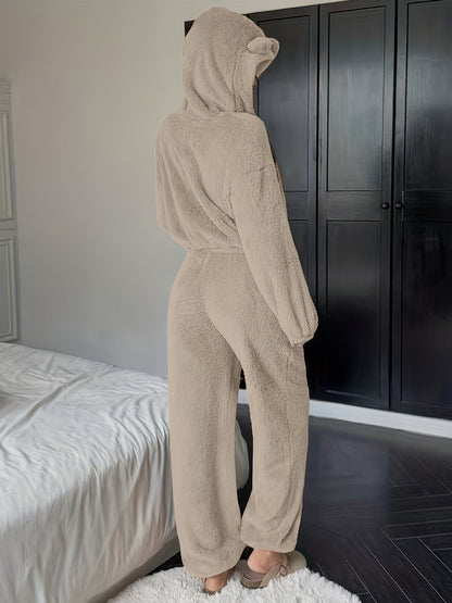 Damen Kuscheliger Loungewear Schlafanzug mit Kapuze und Ohren Plüsch Zweiteiler