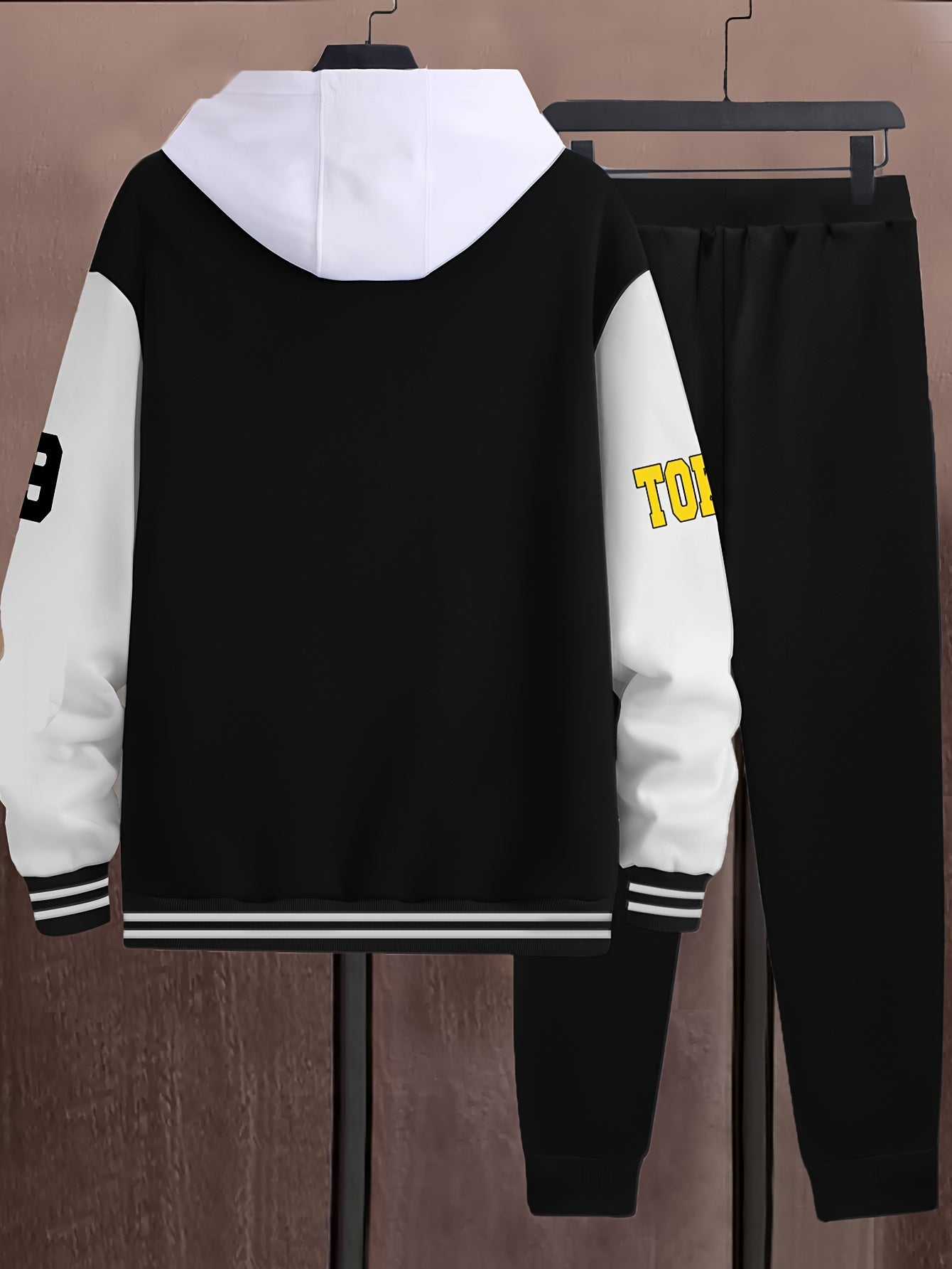 Unisex college jacket and joggers set, two-piece baseball look with print
