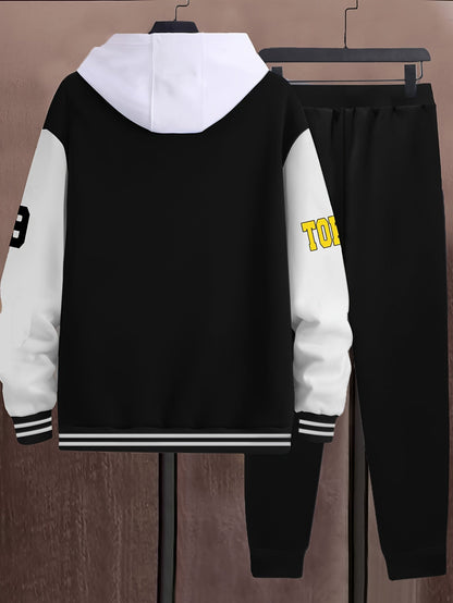 Unisex college jacket and joggers set, two-piece baseball look with print