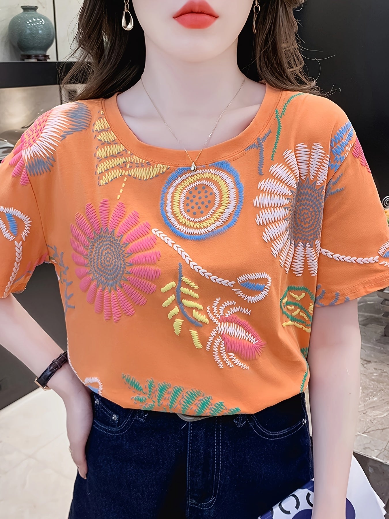 Women's Boho-Style Embroidered T-Shirt – Short Sleeve, Summer, Casual, Fashionable