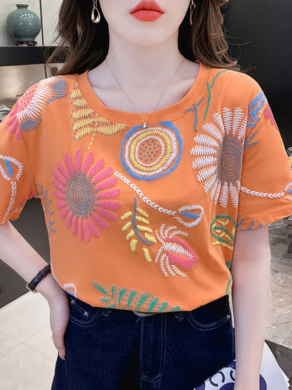 Women's Boho-Style Embroidered T-Shirt – Short Sleeve, Summer, Casual, Fashionable