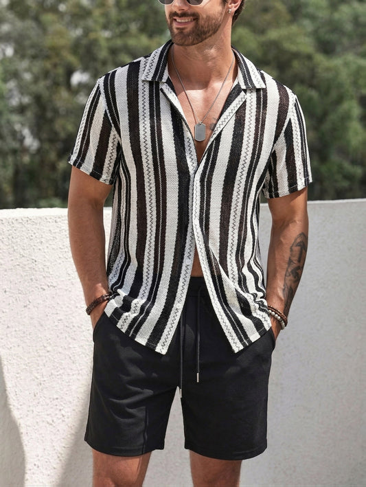 Men's resort casual shirt with vertical stripe pattern and open knit – stylish for summer and vacation