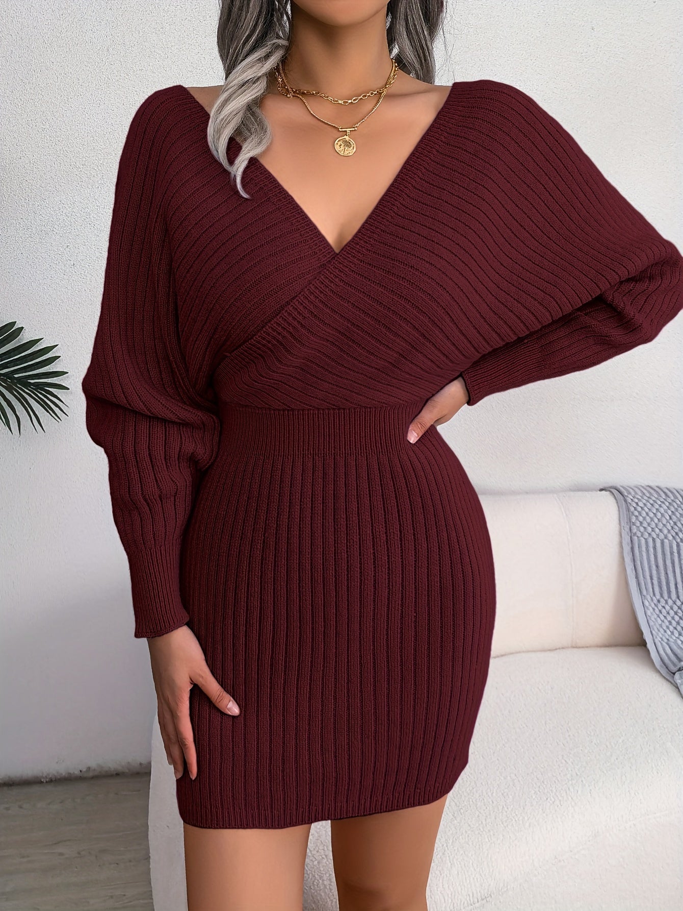 Women's rib-knit sweater dress, V-neck, long sleeves