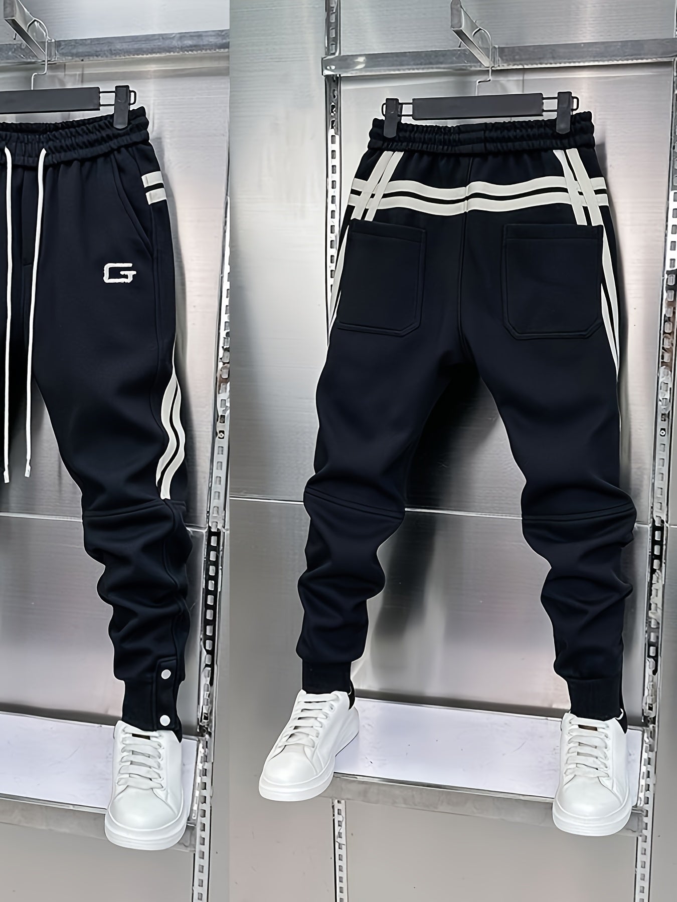 Men's sporty joggers with drawstring, stripes, and buttons