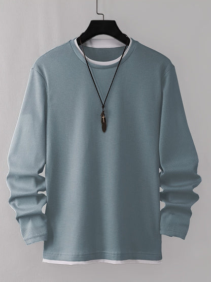 Herren Langarmshirt Waffelstrick Rundhals Weiß