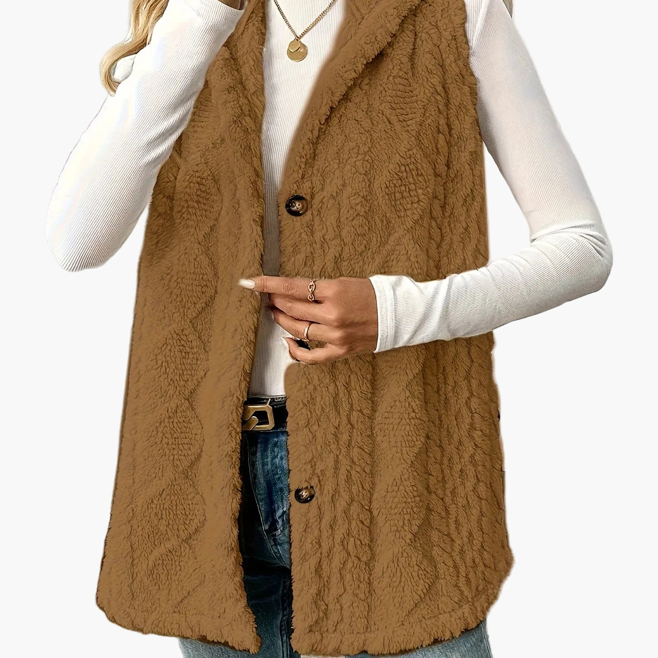 Women's knitted vest with hood and buttons – Elegant casual vest for autumn and winter
