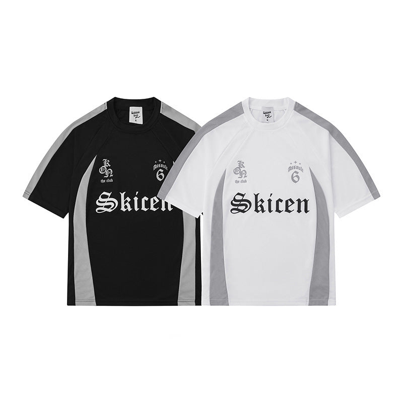 Men's Hip Hop Streetwear T-Shirt with Letter Print and Contrast Stripes – Urban Style Short Sleeve Shirt